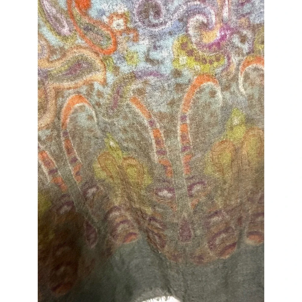 J. Jill Scarf/Shawl Wool Challis Aqua Blue  Paisley 100%  Fringed Gorgeous!  OS
